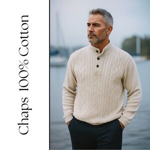 Chaps 100% Cotton Cable Knit Mock Neck Sweater Beige Men’s M